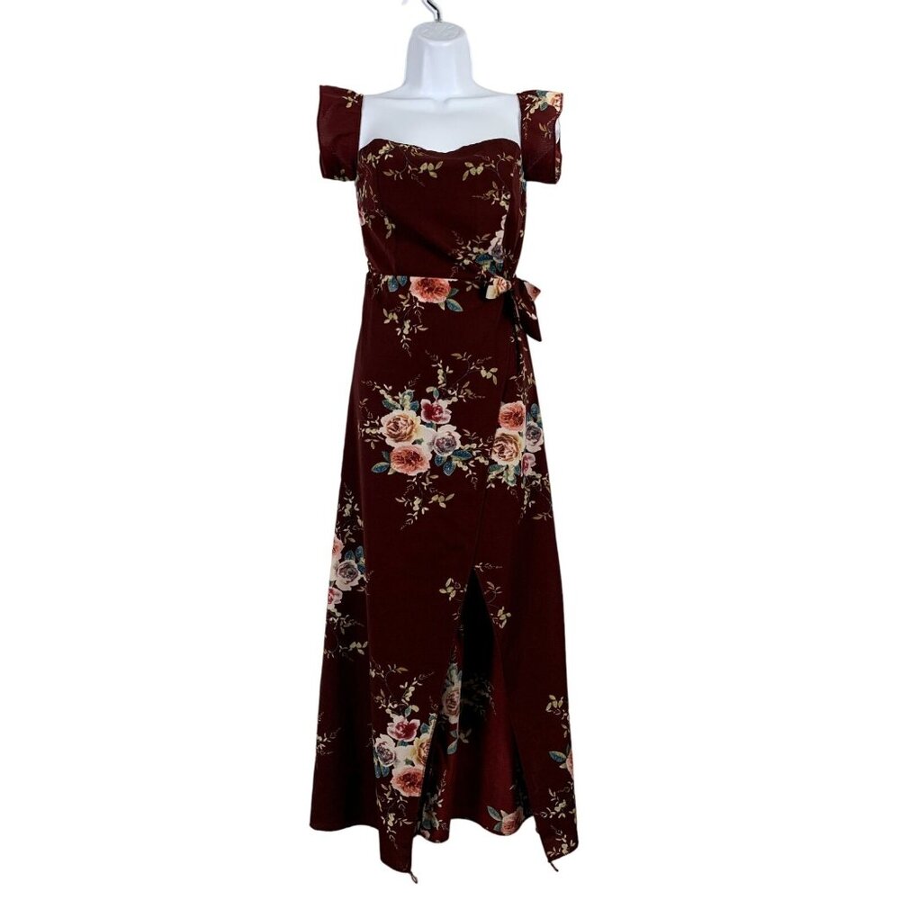 Womens Floral Print Maxi Dress With Ruffle Sleeves & Waist Tie Burgundy Small - Picture 1 of 10